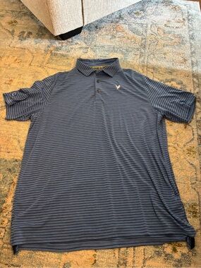 Men's Blue Striped tasc performance polo: Sanderson farms logo